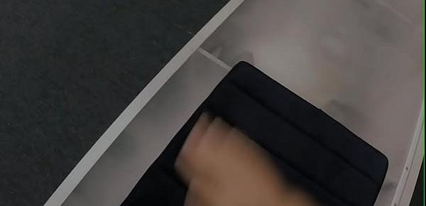 Ebony pawnshop babe sucking pov cock before bent over desk